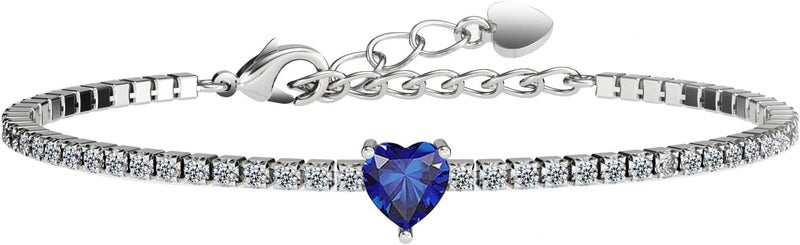 AllenCOCO Sterling Silver Heart Birthstone Bracelet, 14K White Gold Plated, AAAAA+ CZ Cubic Zirconia, Tennis Chain with Heart Charm, Hypoallergenic, Non-Tarnish Jewelry Gift for Women - Image 1